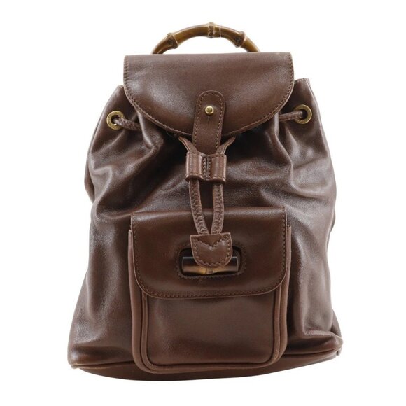 GUCCI Bamboo handle Backpack Daypack Old Gucci Backpack Brown leather Women - Picture 1 of 13